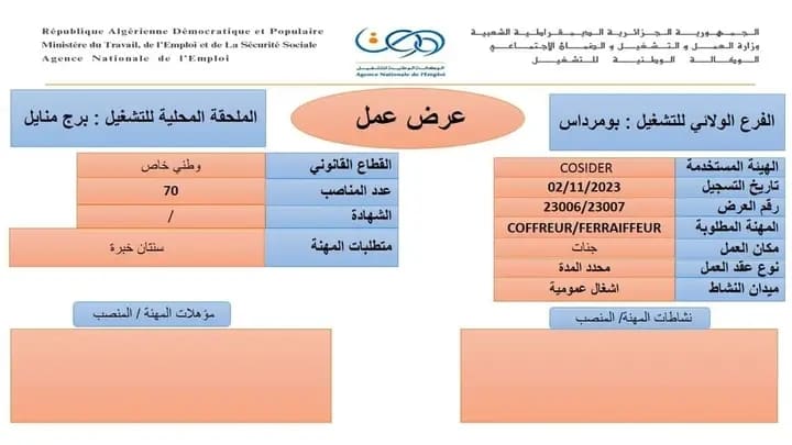 فرص توظيف متاحة في شركتي COSIDER ( 70 منصب) و GCB (50 منصب)
