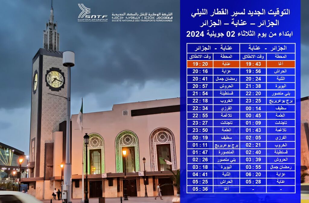 التوقيت الجديد لسير القطار الليلي على خط الجزائر - عنابة - الجزائر