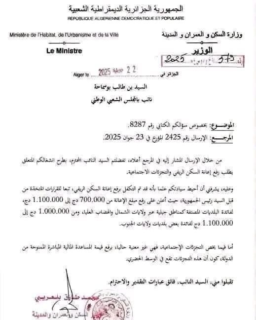 رفع إعانة السكن الريفي إلى 110 مليون سنتيم