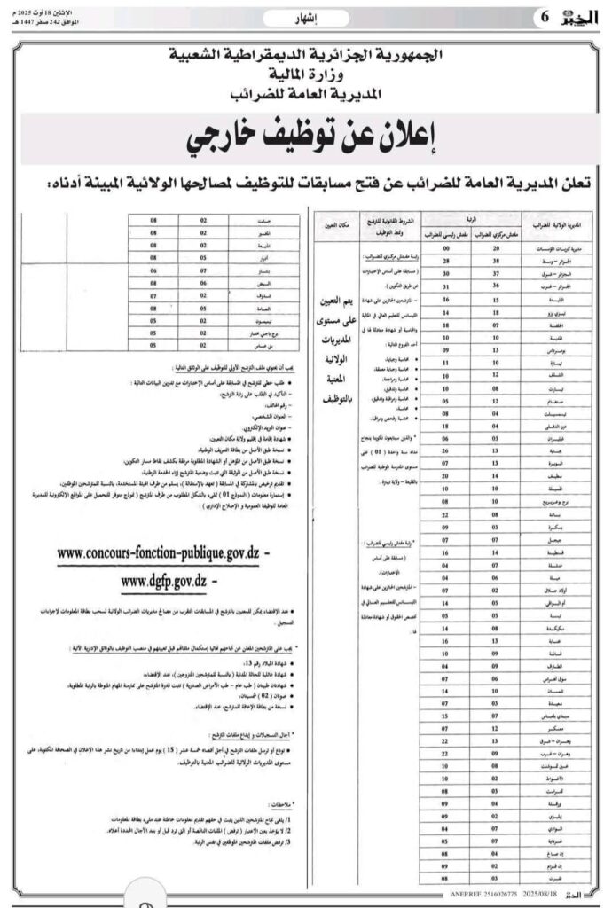 إعلان توظيف بالمديرية العامة للضرائب