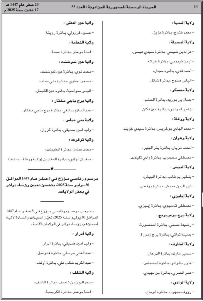 الرئيس تبون يجري حركة واسعة في سلك رؤساء الدوائر تشمل عدة ولايات