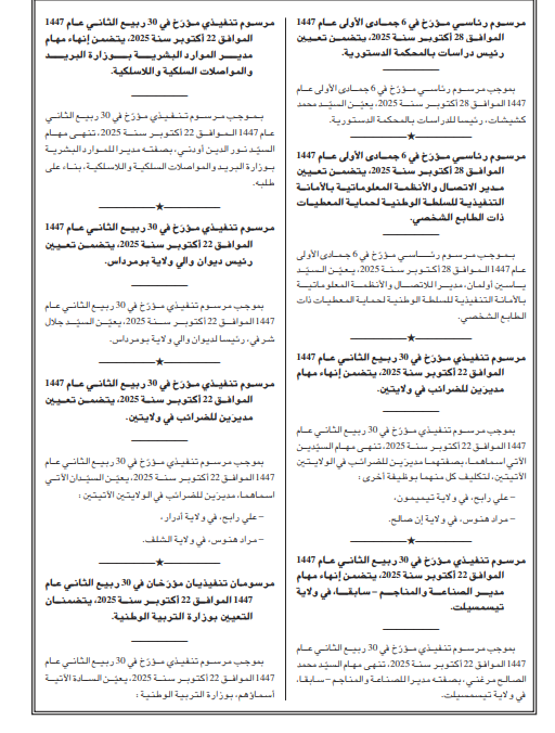 رئيس الجمهورية يُصدر مراسيم رئاسية جديدة تتعلق بتعيينات وإنهاء مهام في مناصب عليا