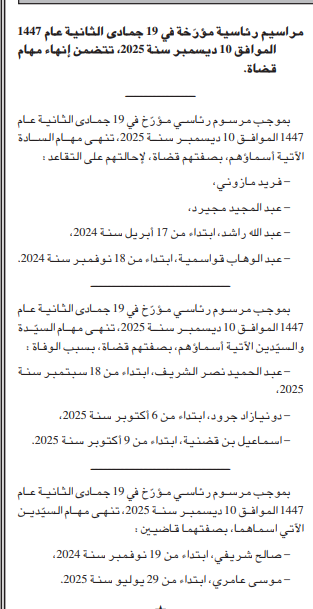 رئيس الجمهورية عبد المجيد تبون يوقّع مراسيم رئاسية لإنهاء مهام عدد من القضاة