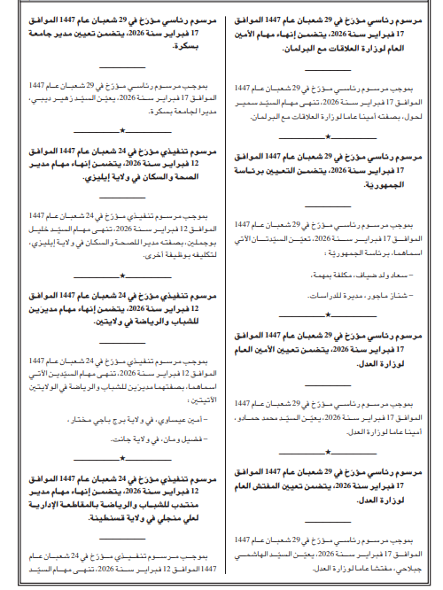 المراسيم الرئاسية والتنفيذية الجديدة في الجزائر: تغييرات في المناصب العليا