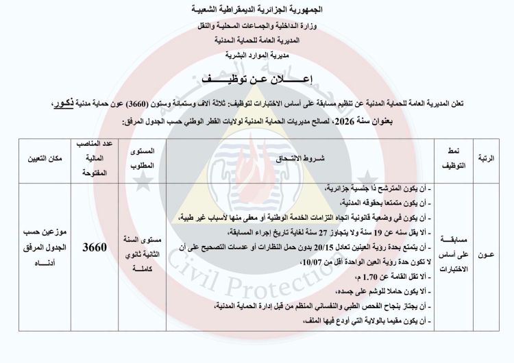 مسابقة توظيف الحماية المدنية 2026.. 3660 منصبًا جديدًا